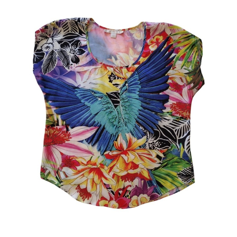 Boston Proper Blouse Woman 4 Multicolor Tropical Print Scoop Neck Cropped Travel